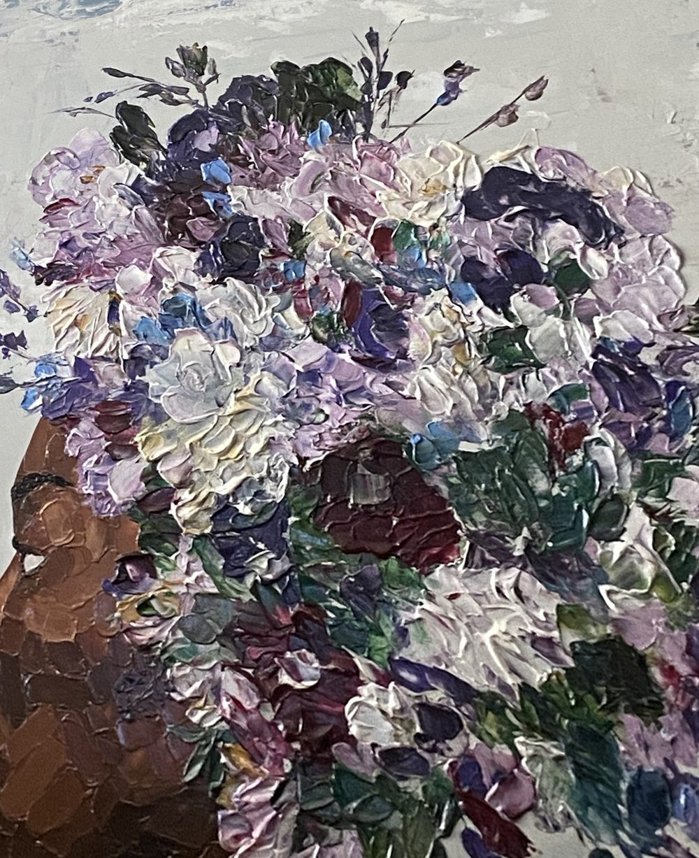 Purple and white impasto flowers with heavy palette knife texture